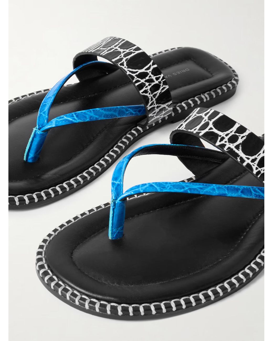 Dries Van Noten Blue Whipstitched Croc-Effect Leather Sandals