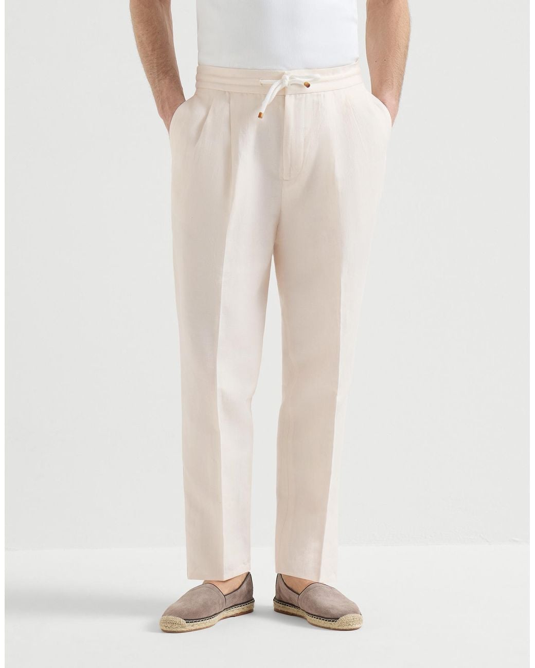 Brunello Cucinelli White Drawstring Tapered Leg Trousers for men