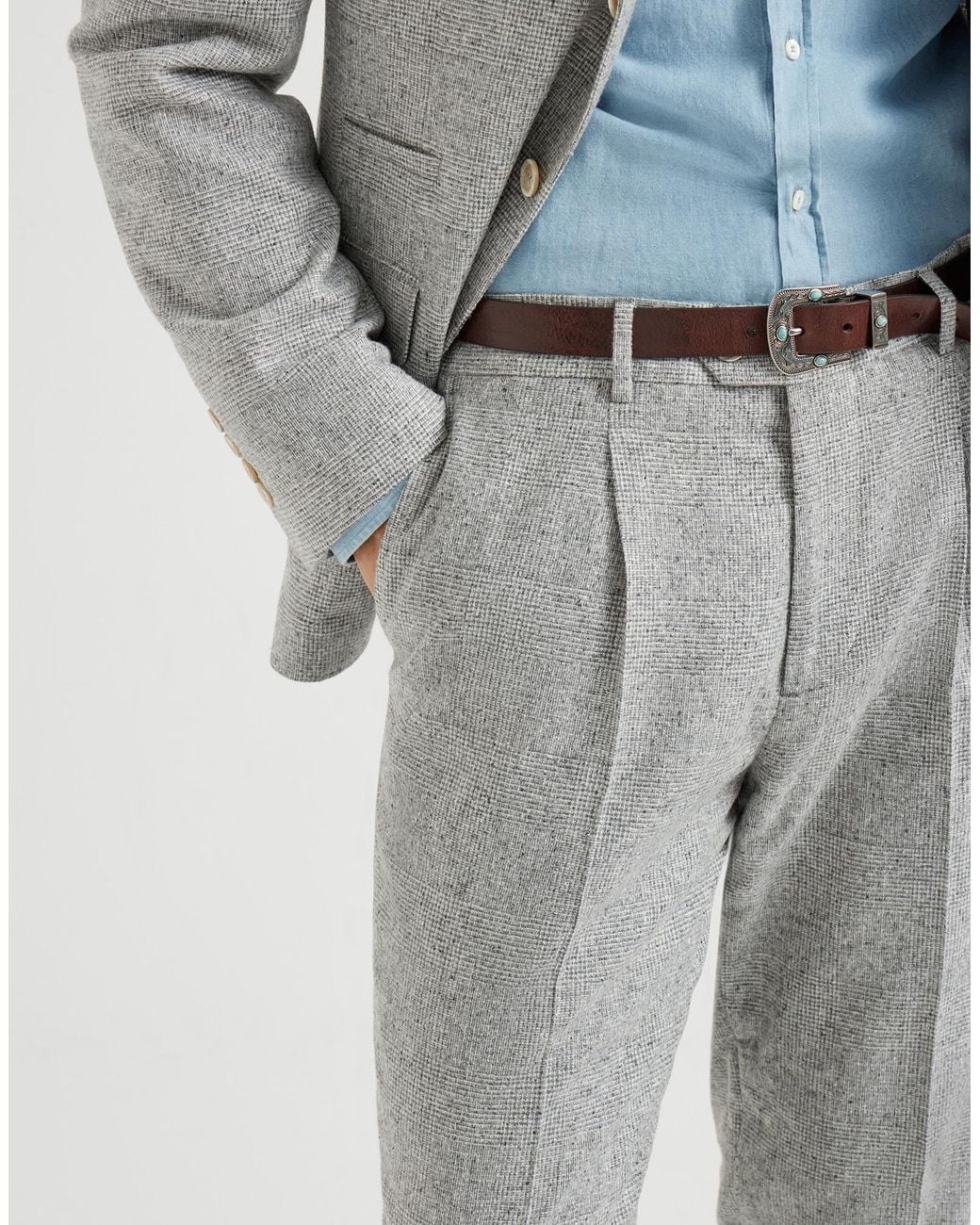 Brunello Cucinelli Gray Pleated Wool-Silk Blend Trousers for men