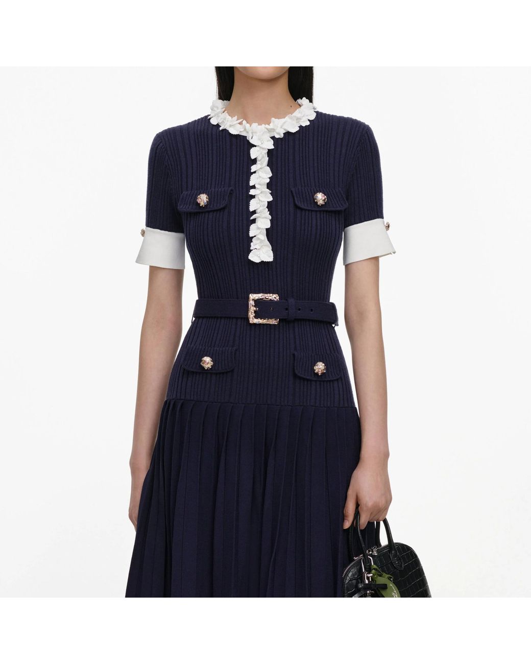Self-Portrait Blue Belted Floral-Embellished Knitted Maxi Dress