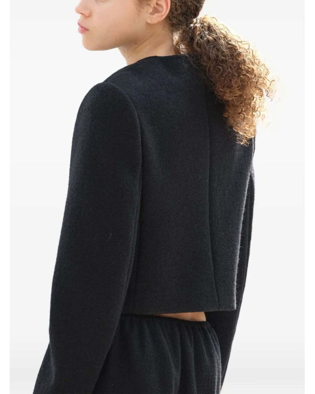 Auralee Black Collarless Wool-Blend Cropped Jacket