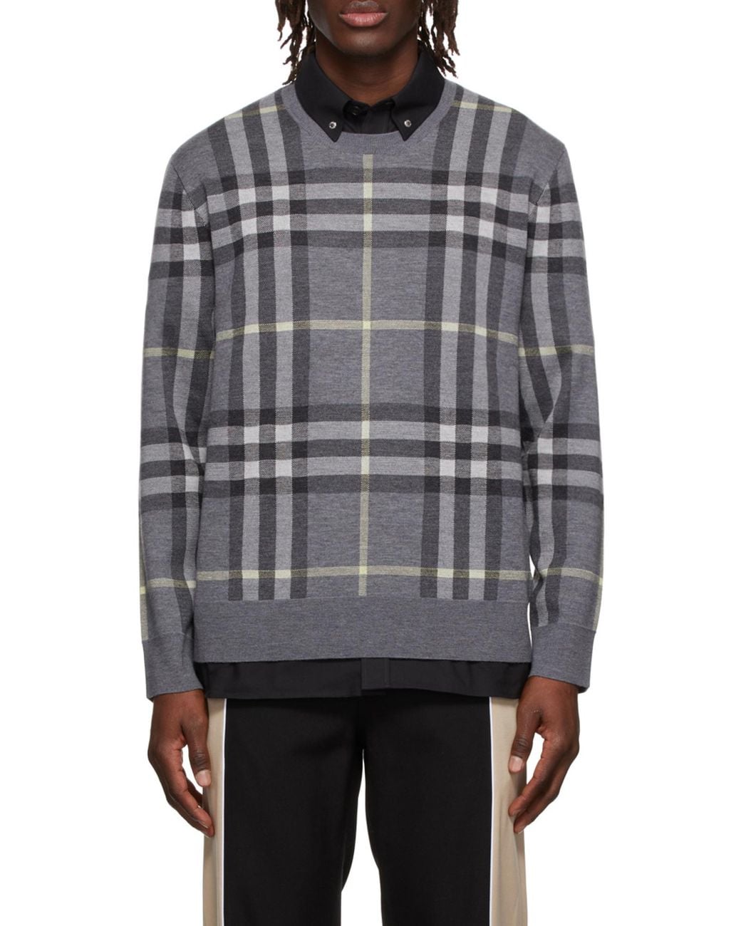 Burberry Gray Check-Pattern Wool-Silk Jumper for men