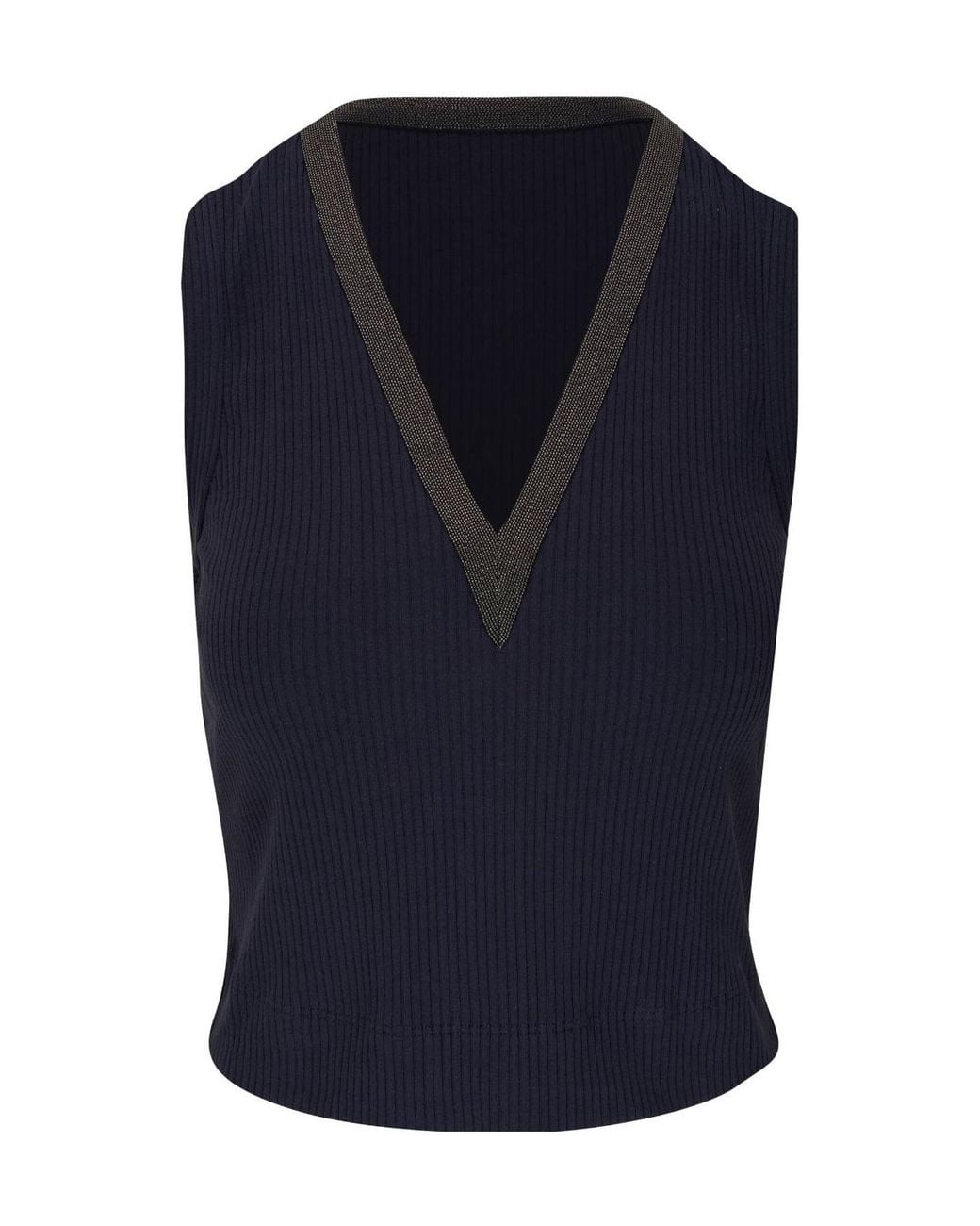 Brunello Cucinelli Blue V-Neck Sleeveless Ribbed Top