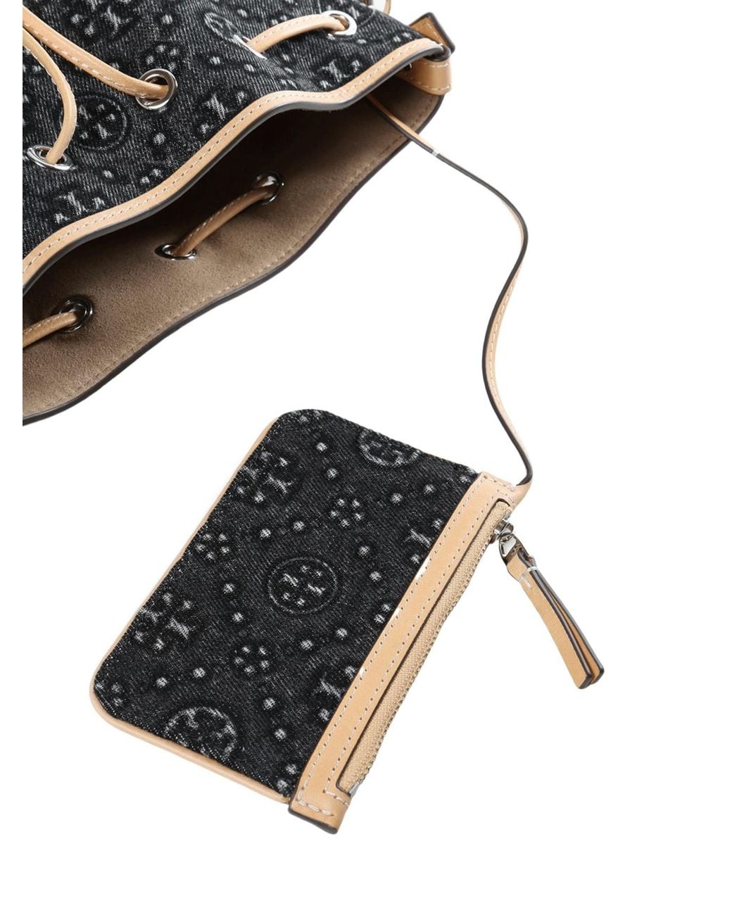 Tory Burch Black Drawstring Pattern Bucket Bag