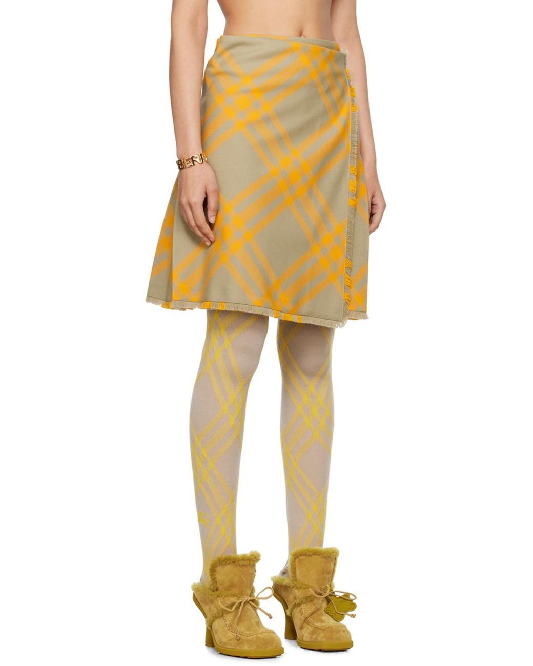 Burberry Yellow Check A-Line Kilt Skirt