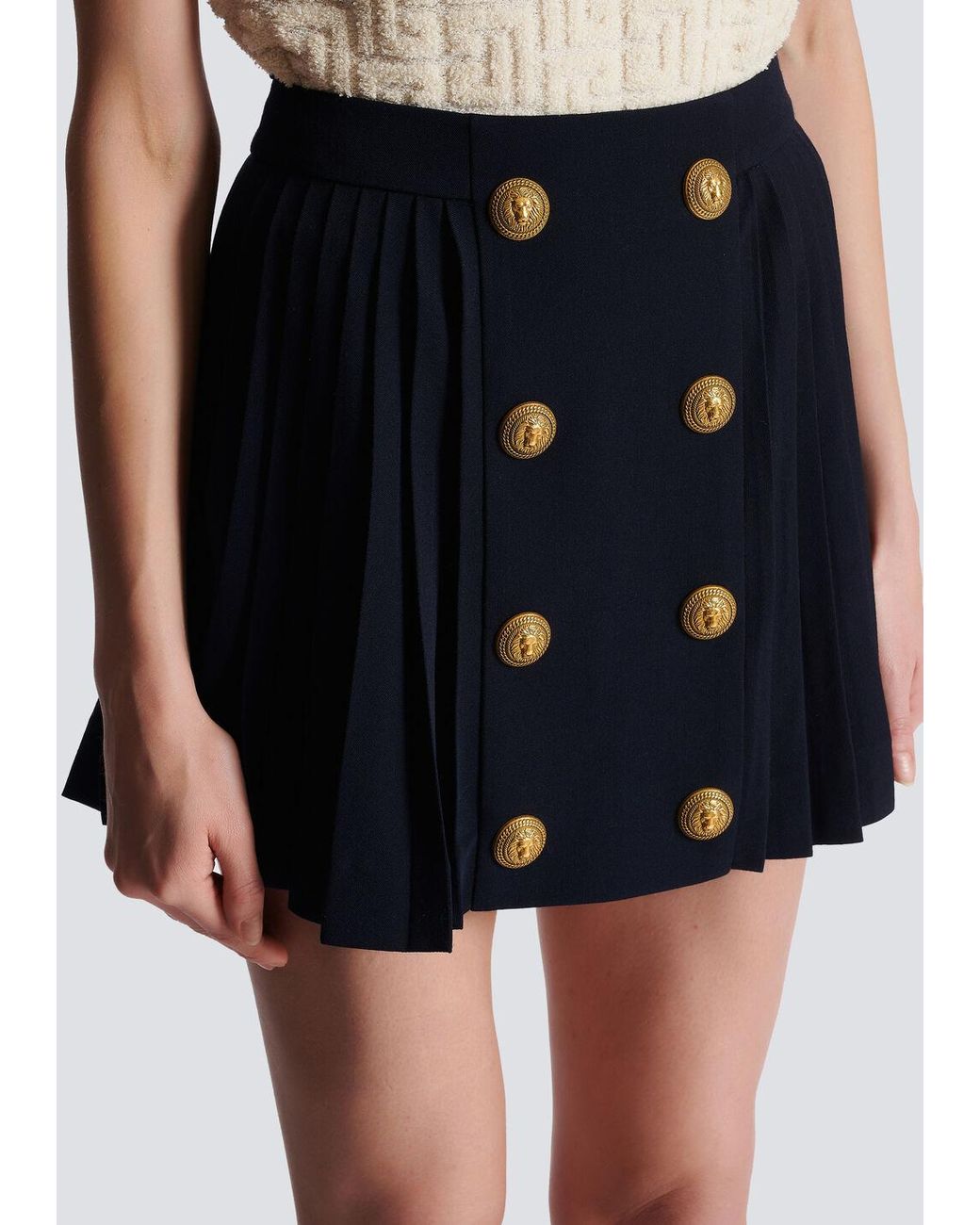 Balmain Blue Ladies Marine Pleated Button-Detail Skirt