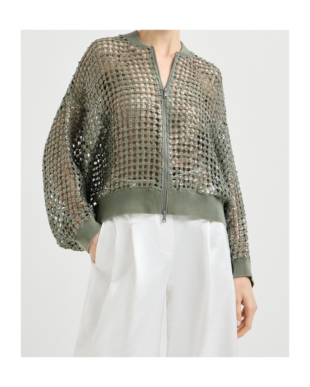 Brunello Cucinelli Green Dazzling Net Embroidery Cardigan