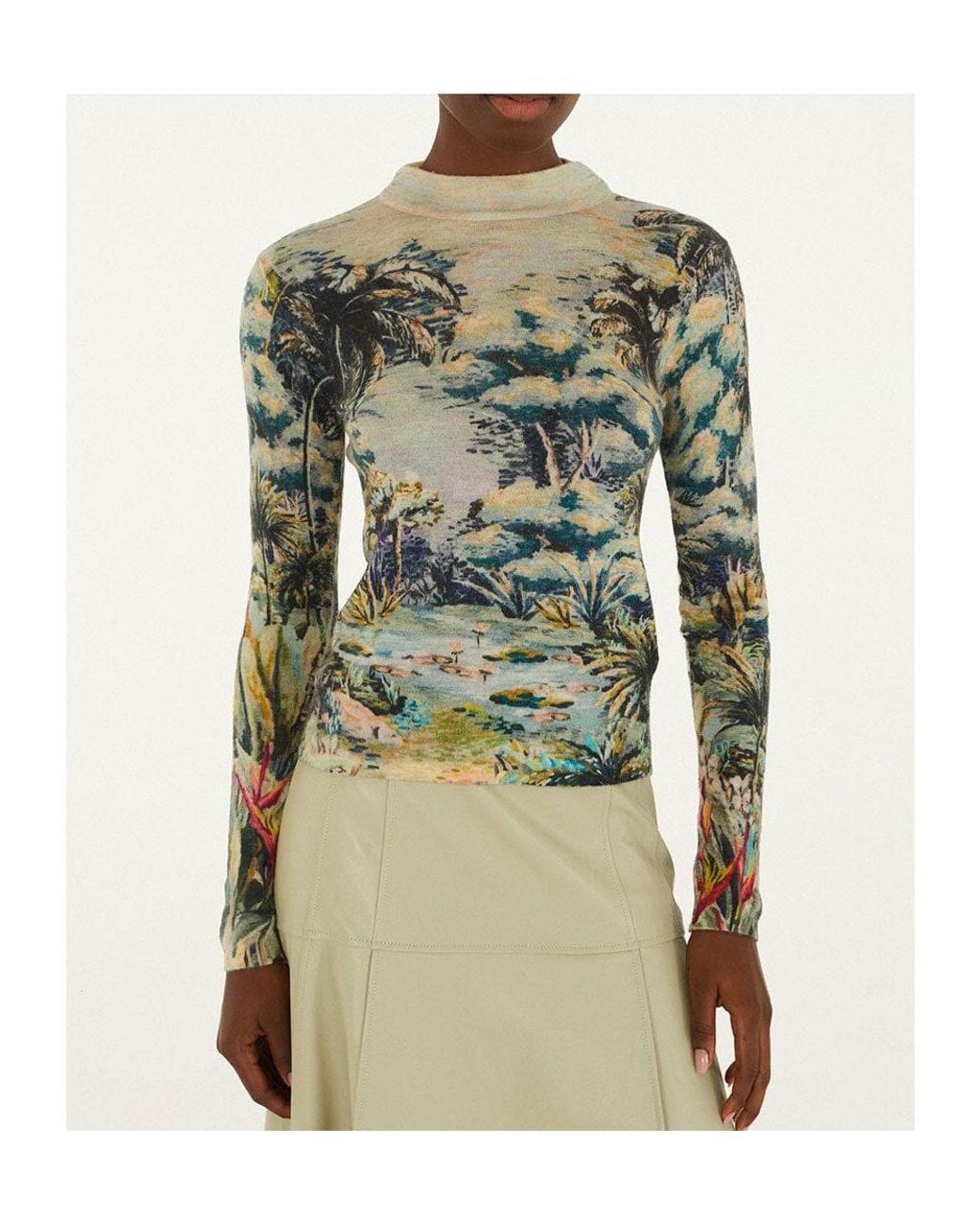 Farm Rio Green Petricor Printed Long-Sleeve Top