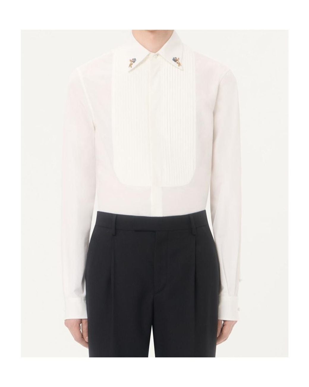 Valentino White Cotton Poplin Shirt With Pleated Plastron And Embroidery On The Collar for men