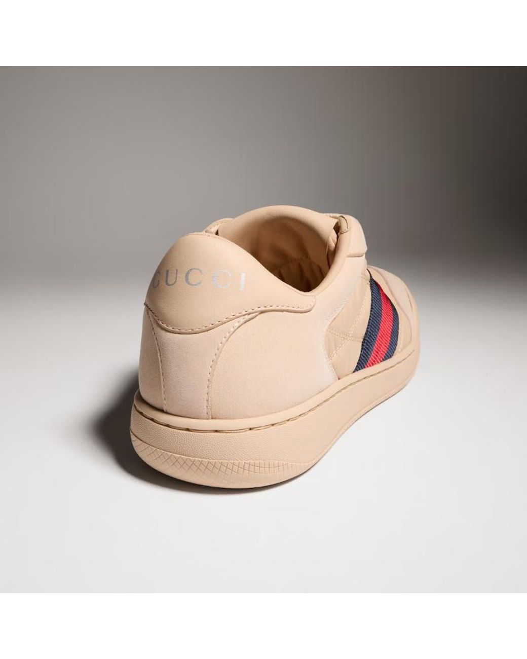 Gucci Pink Light Leather-Trim Web Sneaker With Interlocking G Rubber Sole And Cushioned Insole