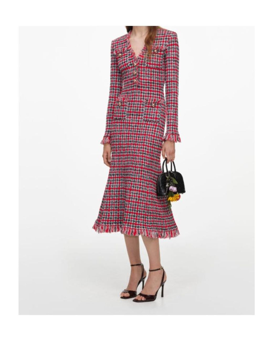 Self-Portrait Red Check Frayed Knit Midi Dress