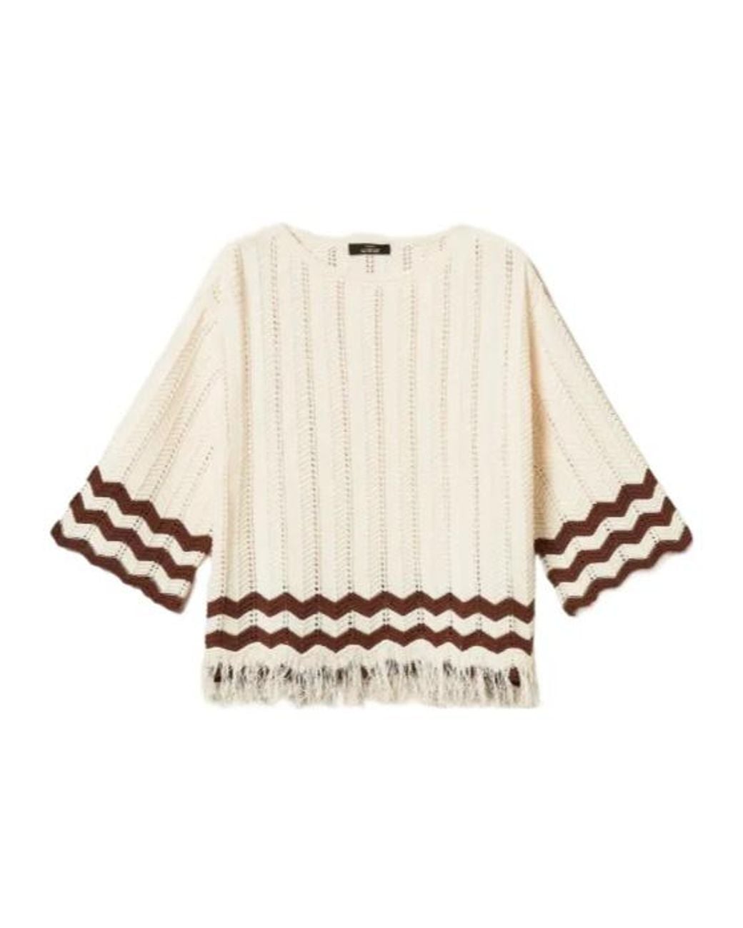 Twinset White Zig-Zag Detail And Fringes Jumper