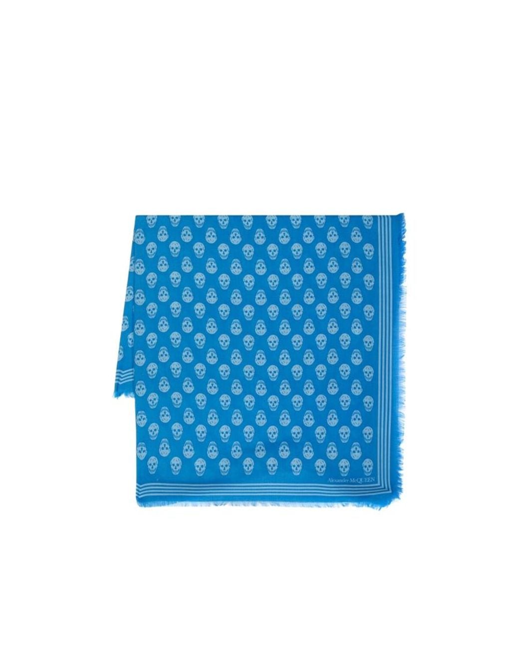 McQueen Blue Skull-Printed Fringed Scarf