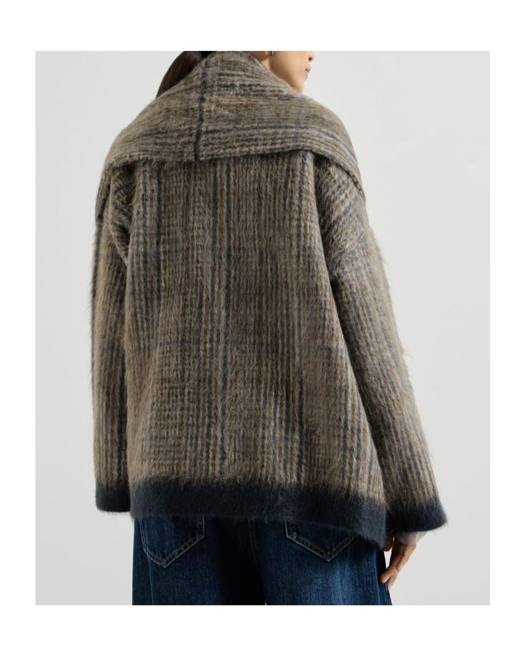Brunello Cucinelli Gray Prince Of Wales Scarf Double Knit Outerwear Jacket