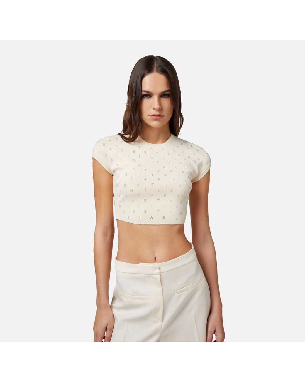 Elisabetta Franchi White Logo Lettering Embellished Cropped Top