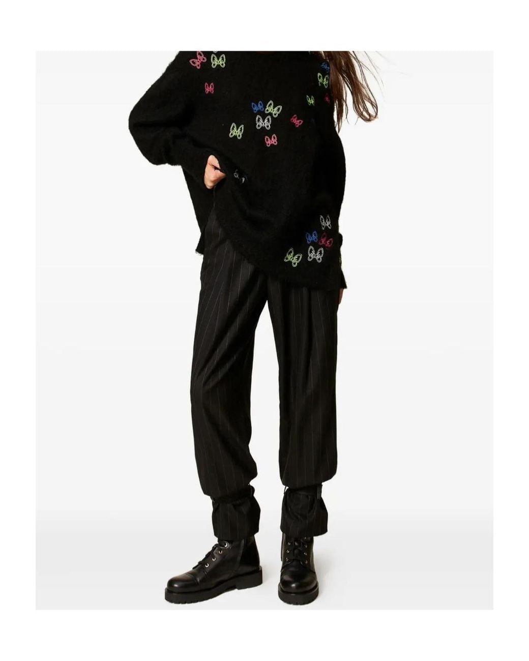 Twinset Black Pinstripe Cuff-Strap Trousers
