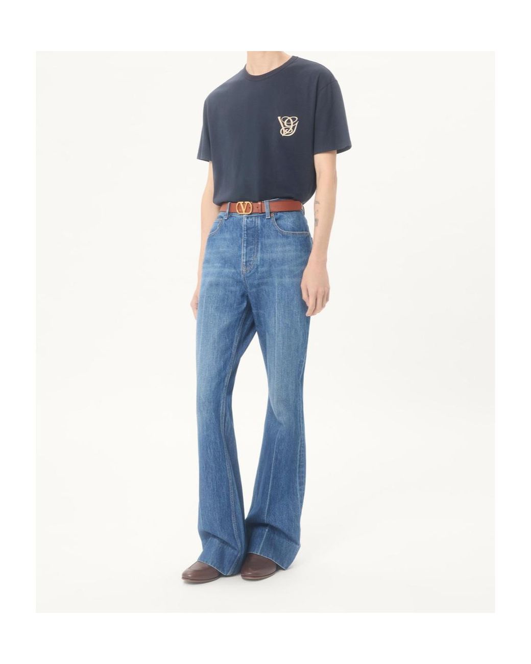 Valentino Blue Logo Embroidered Crewneck T-Shirt for men