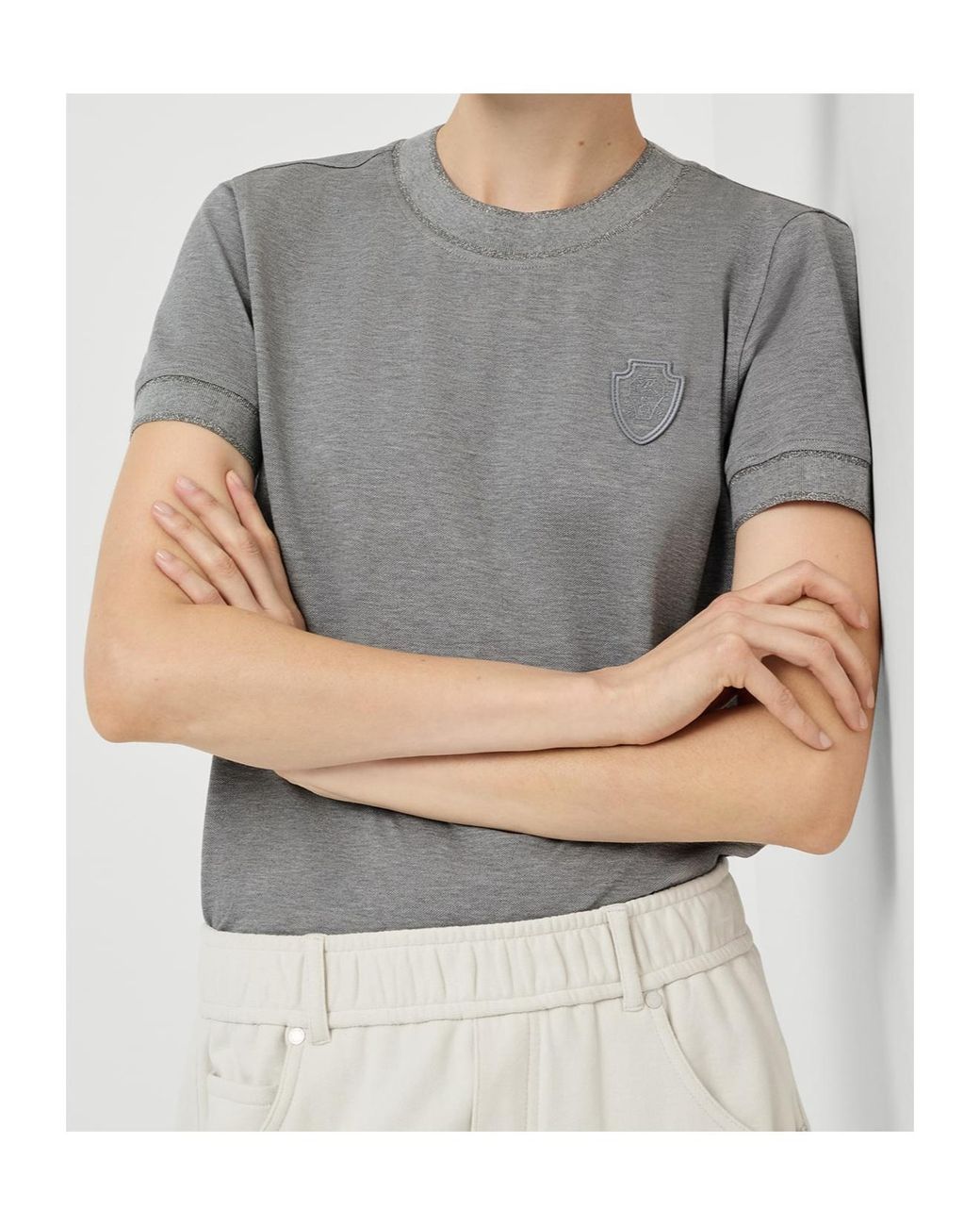 Brunello Cucinelli Gray Stretch Cotton Piqué T-Shirt With Sparkling Cotton Knit Inserts And Logo