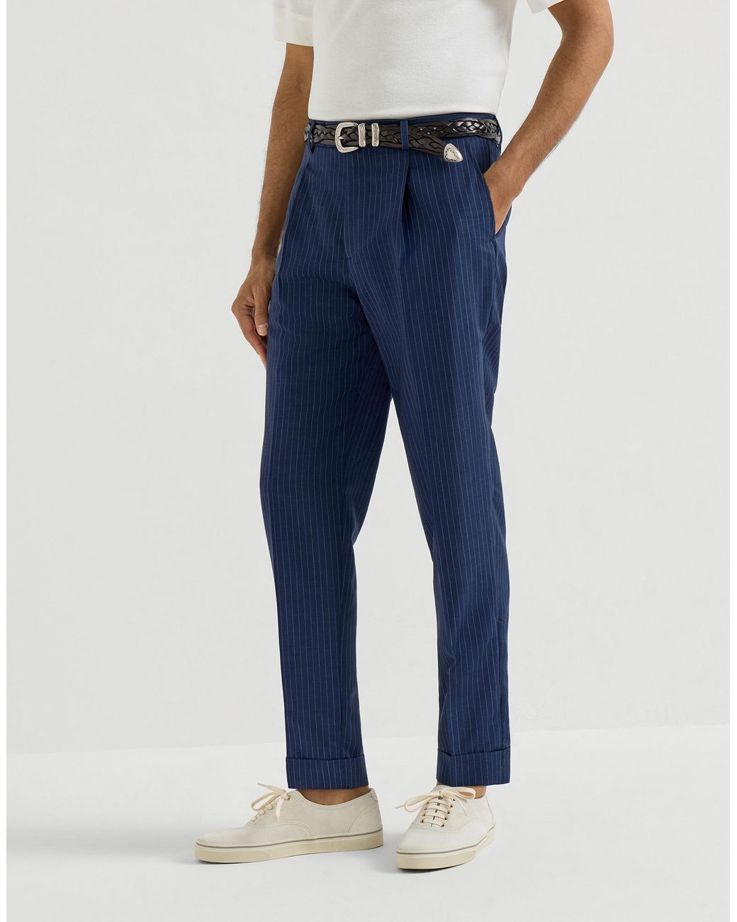 Brunello Cucinelli Blue Wool And Mohair Pinstripe Fresco Trousers With Pleat for men