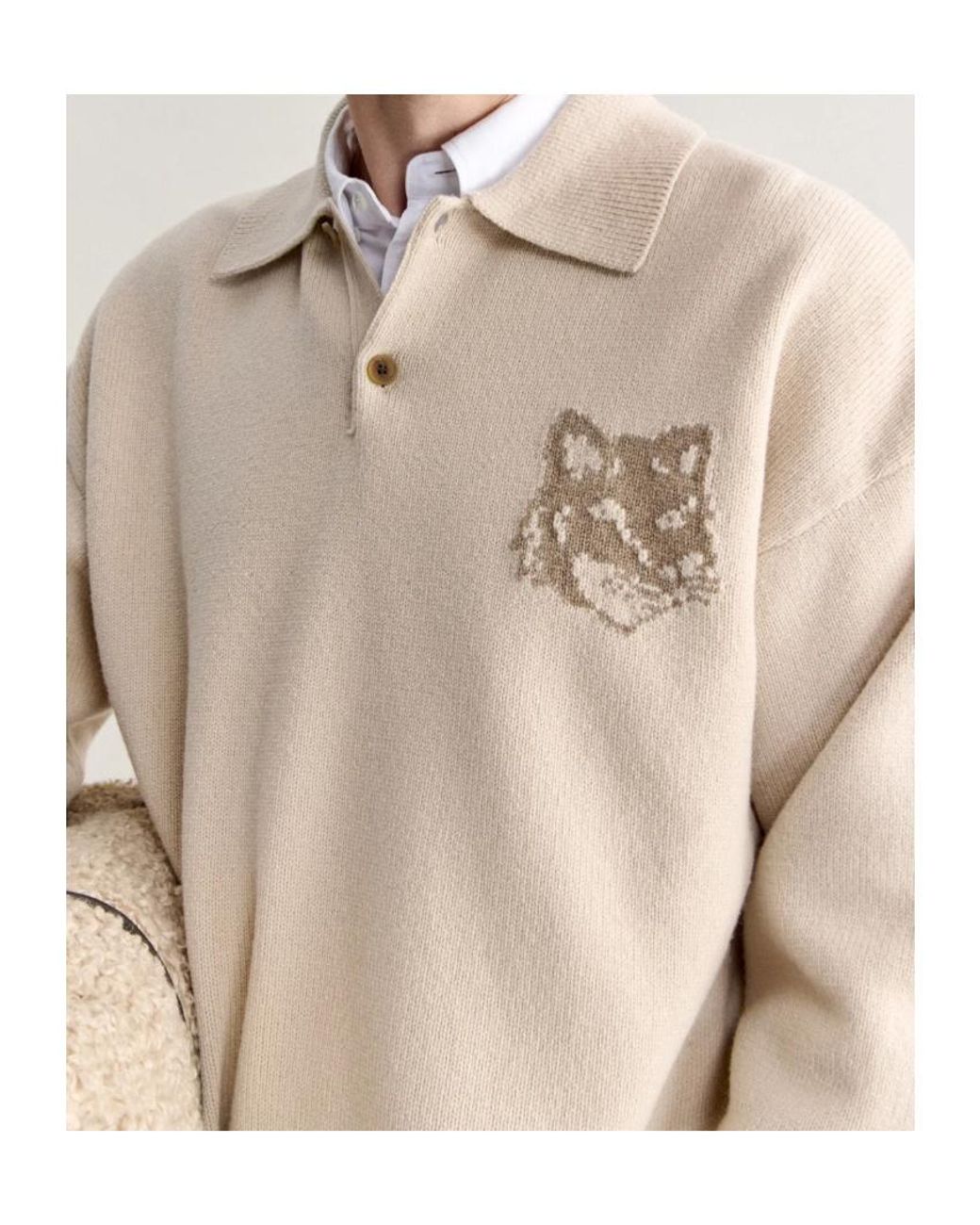 Maison Kitsuné Natural Maison Kitsuné Fox Head Intarsia Polo Jumper for men