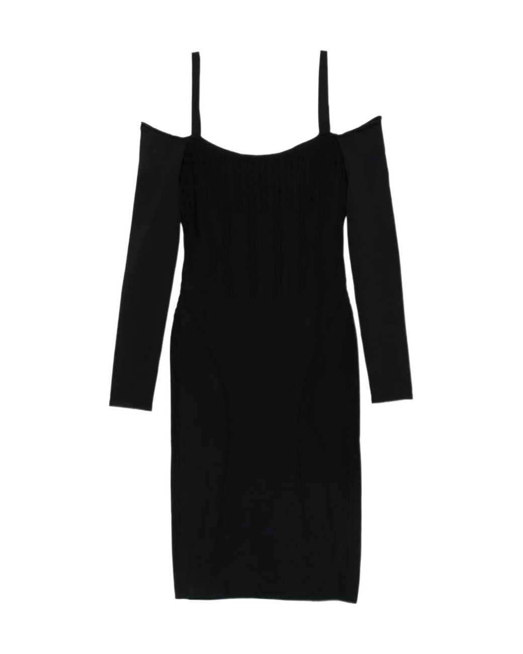 Mugler Black Off-The-Shoulder Long-Sleeved Midi Dress