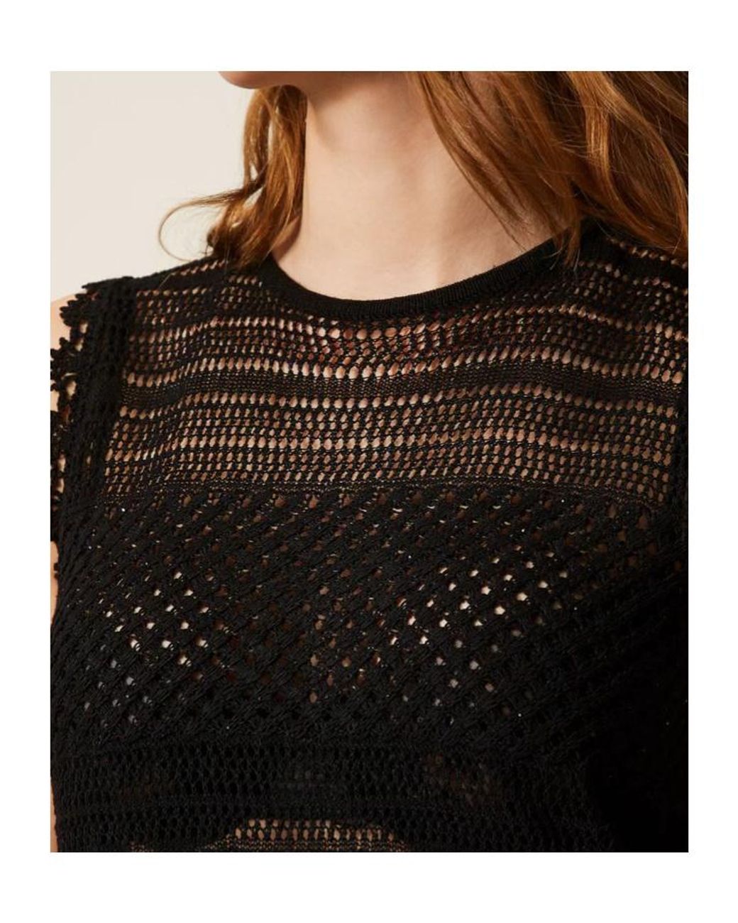 Twinset Black Crochet Rhinestone Knitted Top
