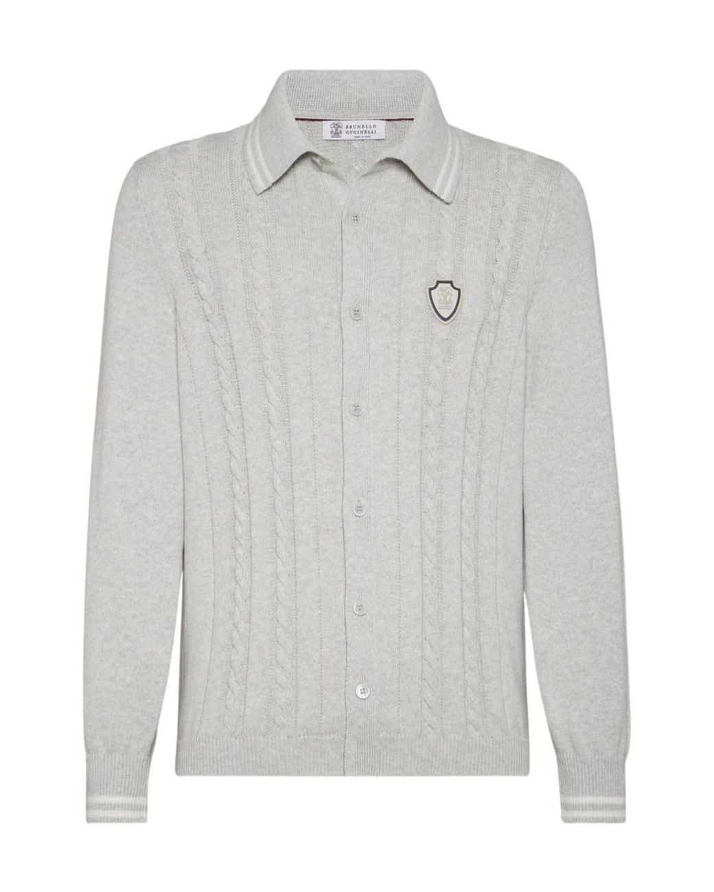 Brunello Cucinelli Gray Cotton Cable Knit Shirt With Logo for men