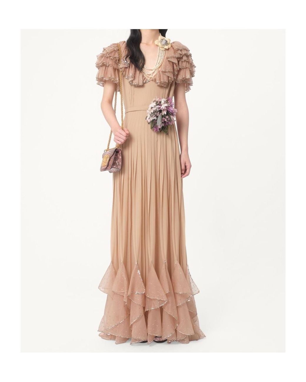 Valentino Natural Floral Embellished Ruffled V-Neck Dress