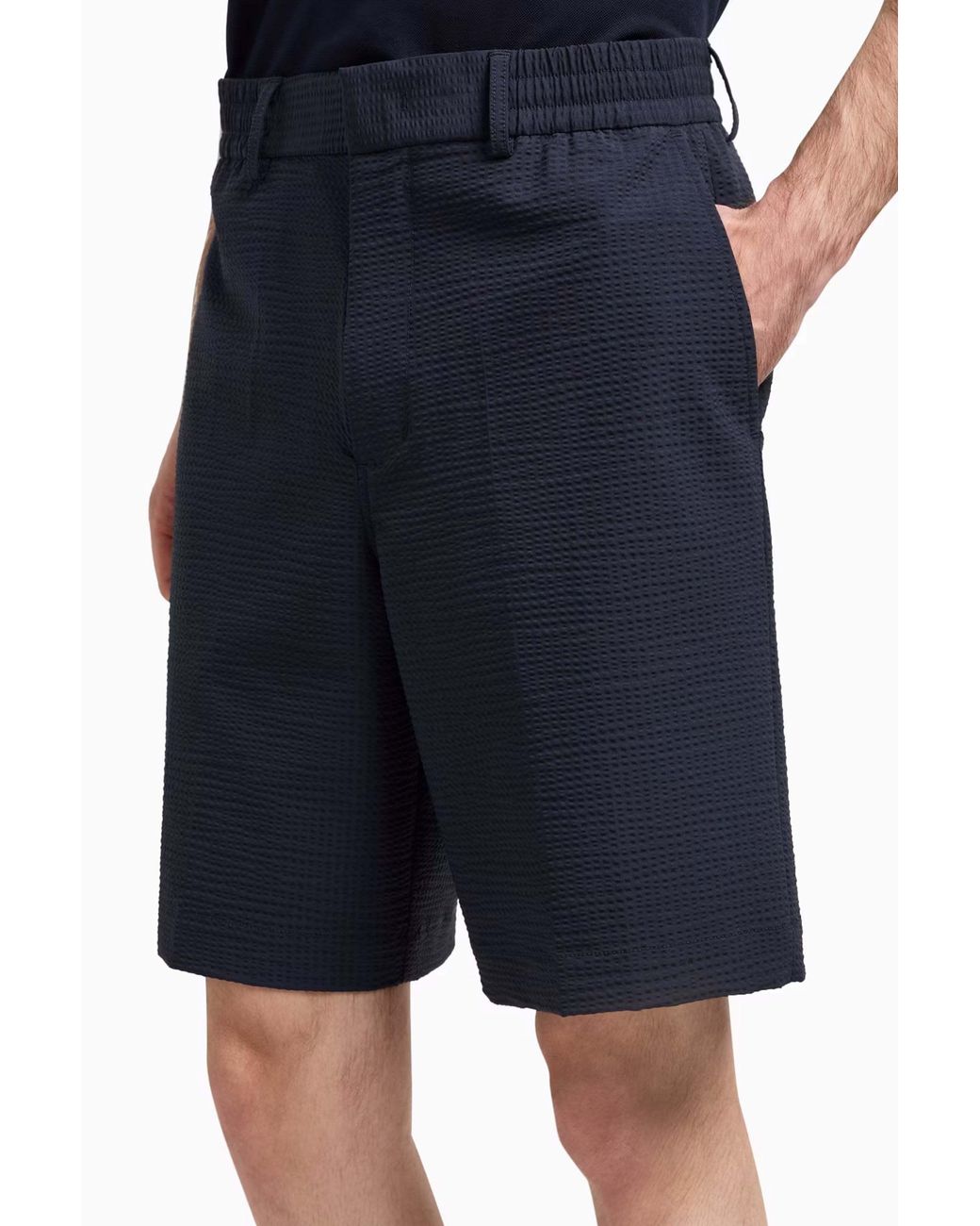 Emporio Armani Blue Seersucker Elastic-Waist Shorts for men