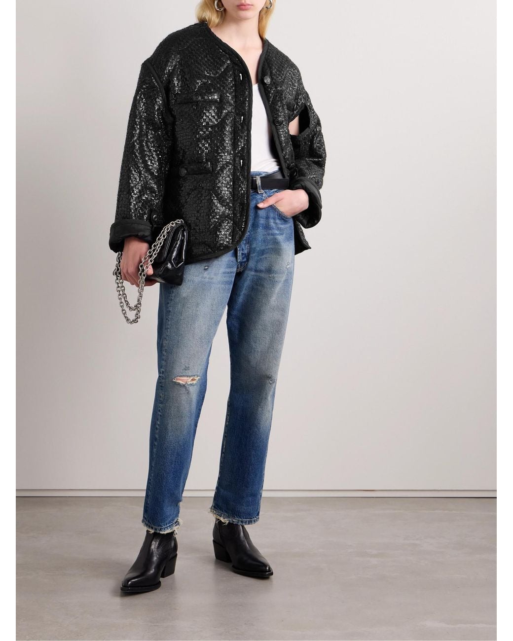 R13 Black Quilted Padded Metallic Tweed Jacket