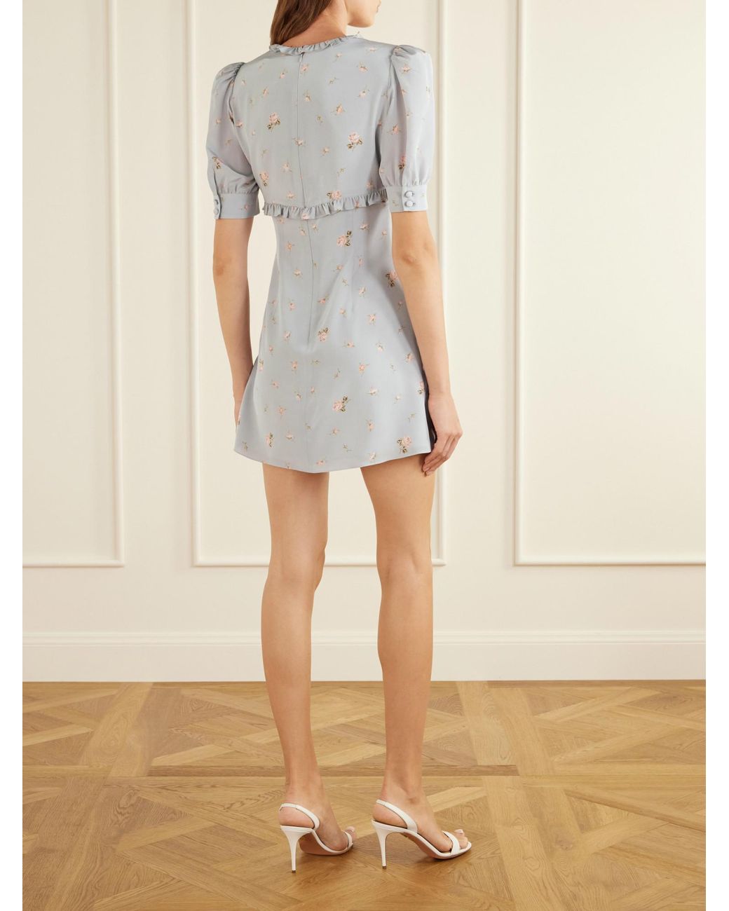 Alessandra Rich White Floral-Print Ruffle-Trim Silk-Crepe Mini Dress