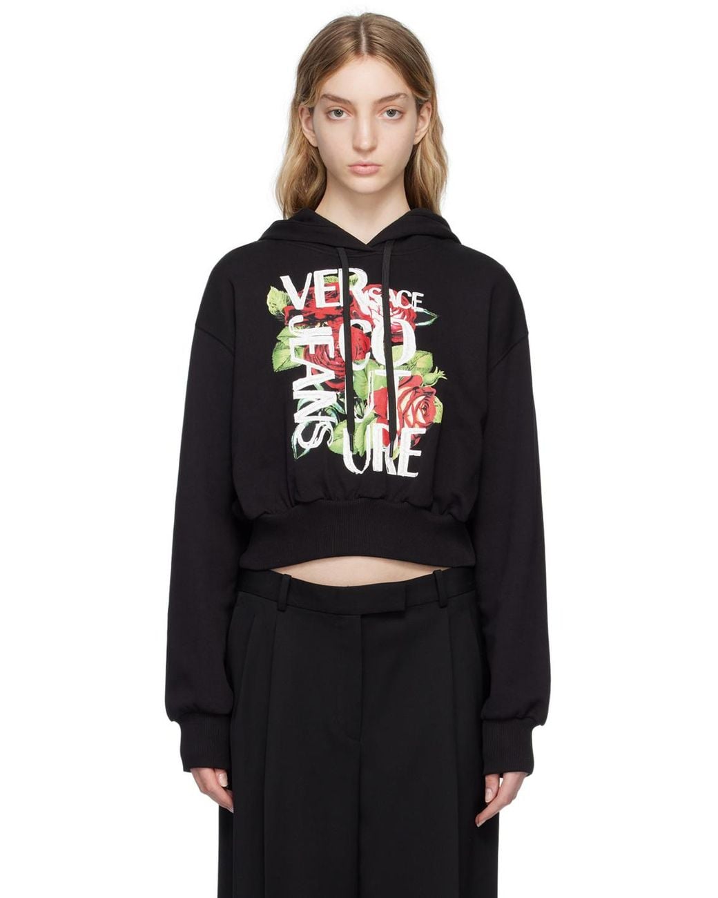 Versace Jeans Black Cropped Logo-Print Cotton Hoodie