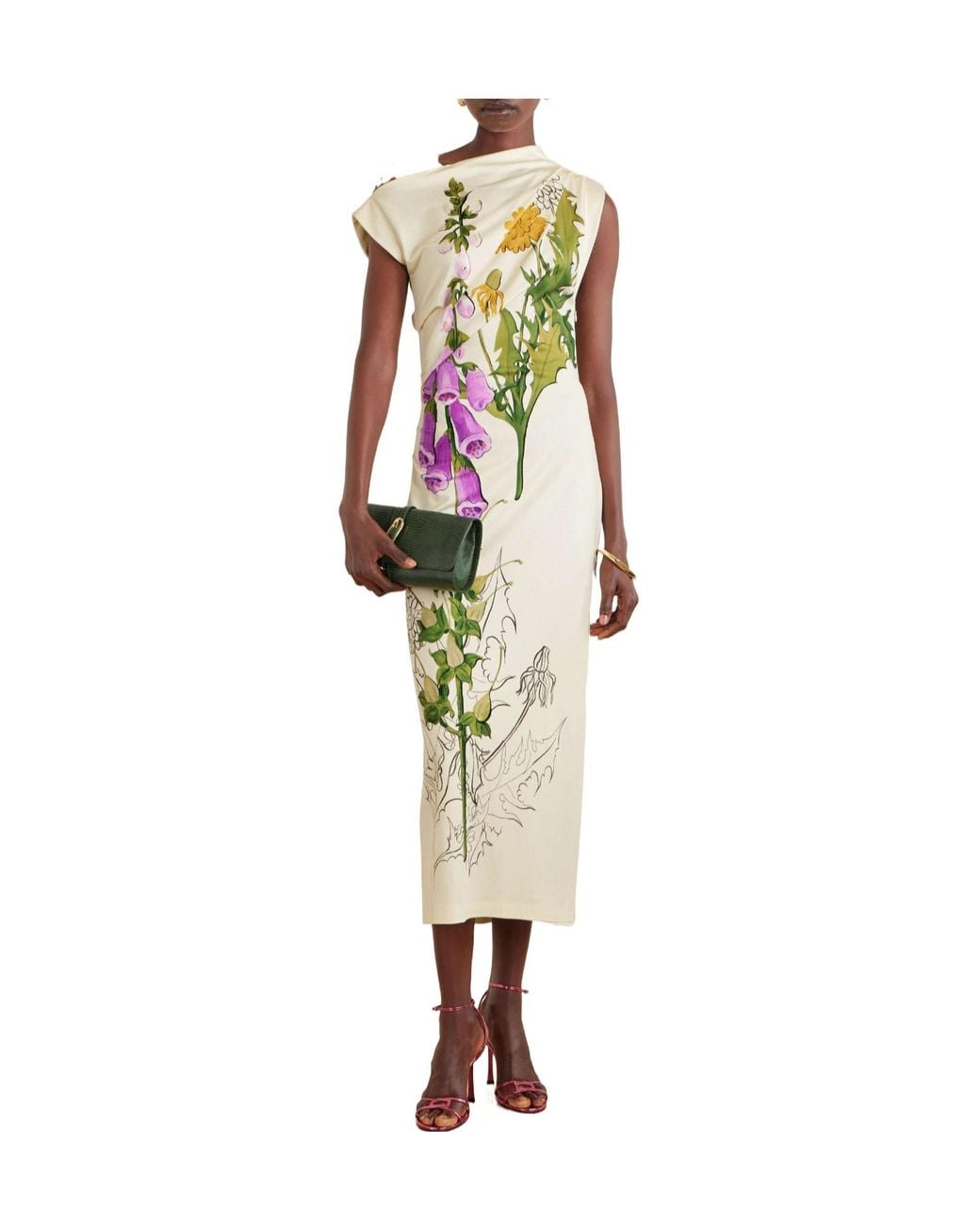 Oscar de la Renta Green Draped Printed Jersey Midi Dress