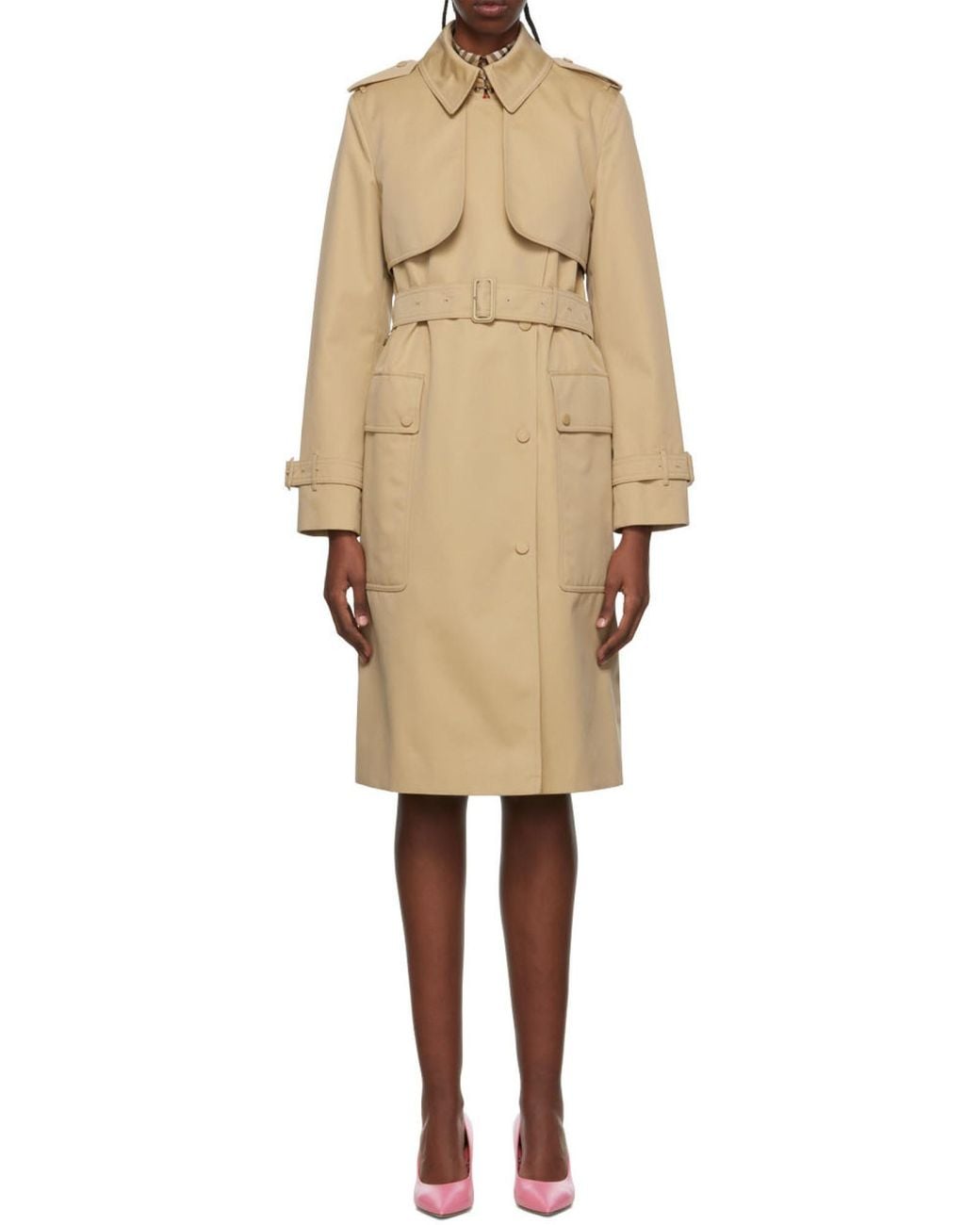 Burberry Natural Long Check Lapel Gabardine Trench Coat