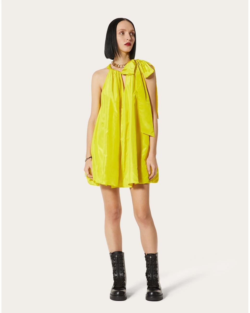 Valentino Yellow Gathered-Neck Silk Shift Dress