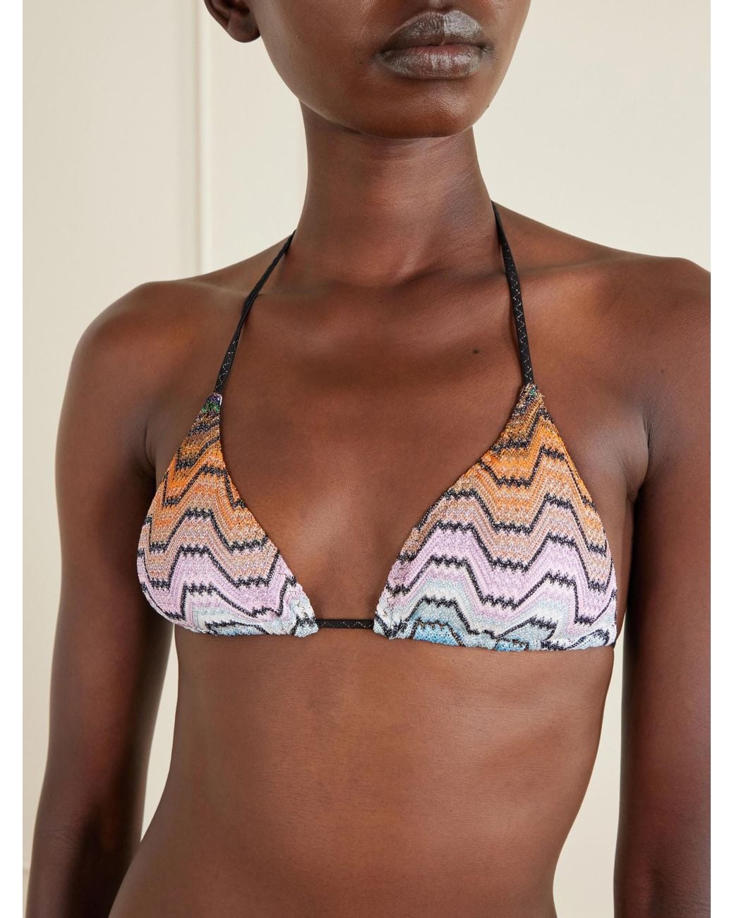 Missoni White Mare Striped Metallic Crochet-Knit Triangle Bikini