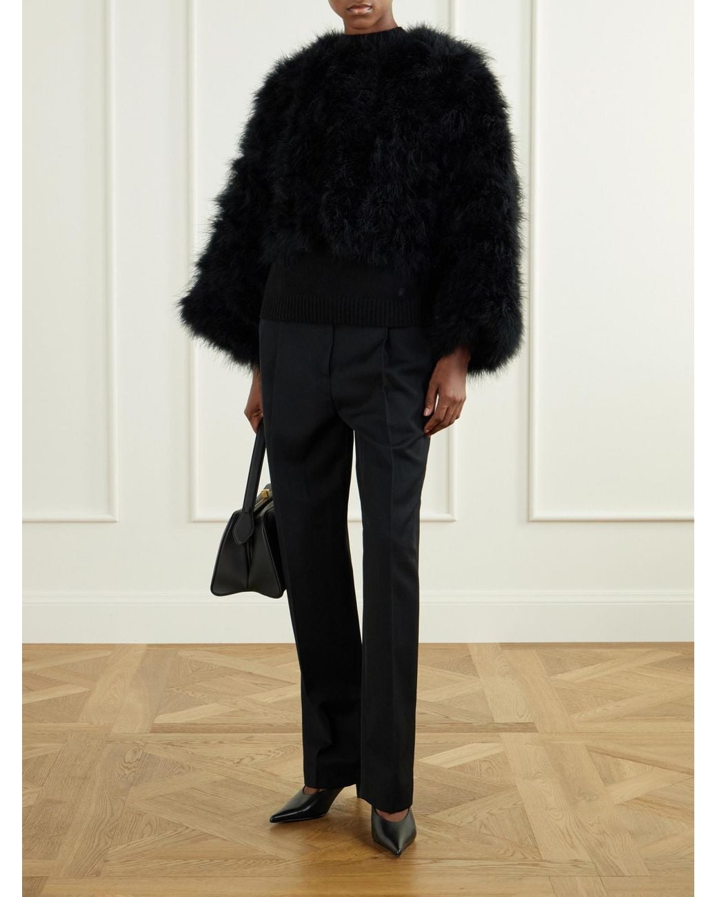 Yves Salomon Black Cropped Feather-Trimmed Satin Cape