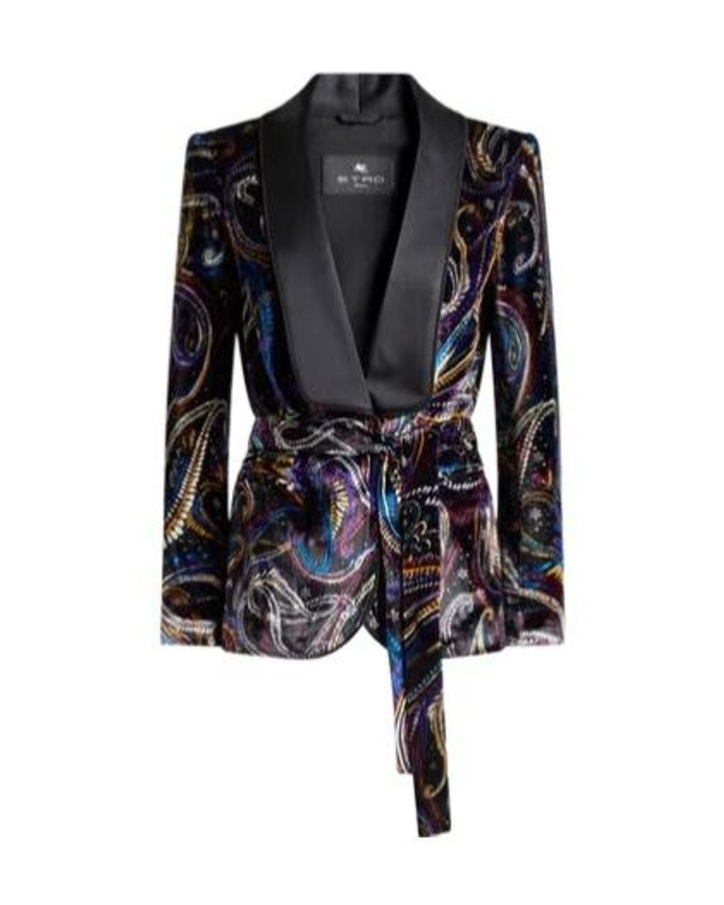 Etro Black Paisley Foliage Motif Belted Velvet Blazer