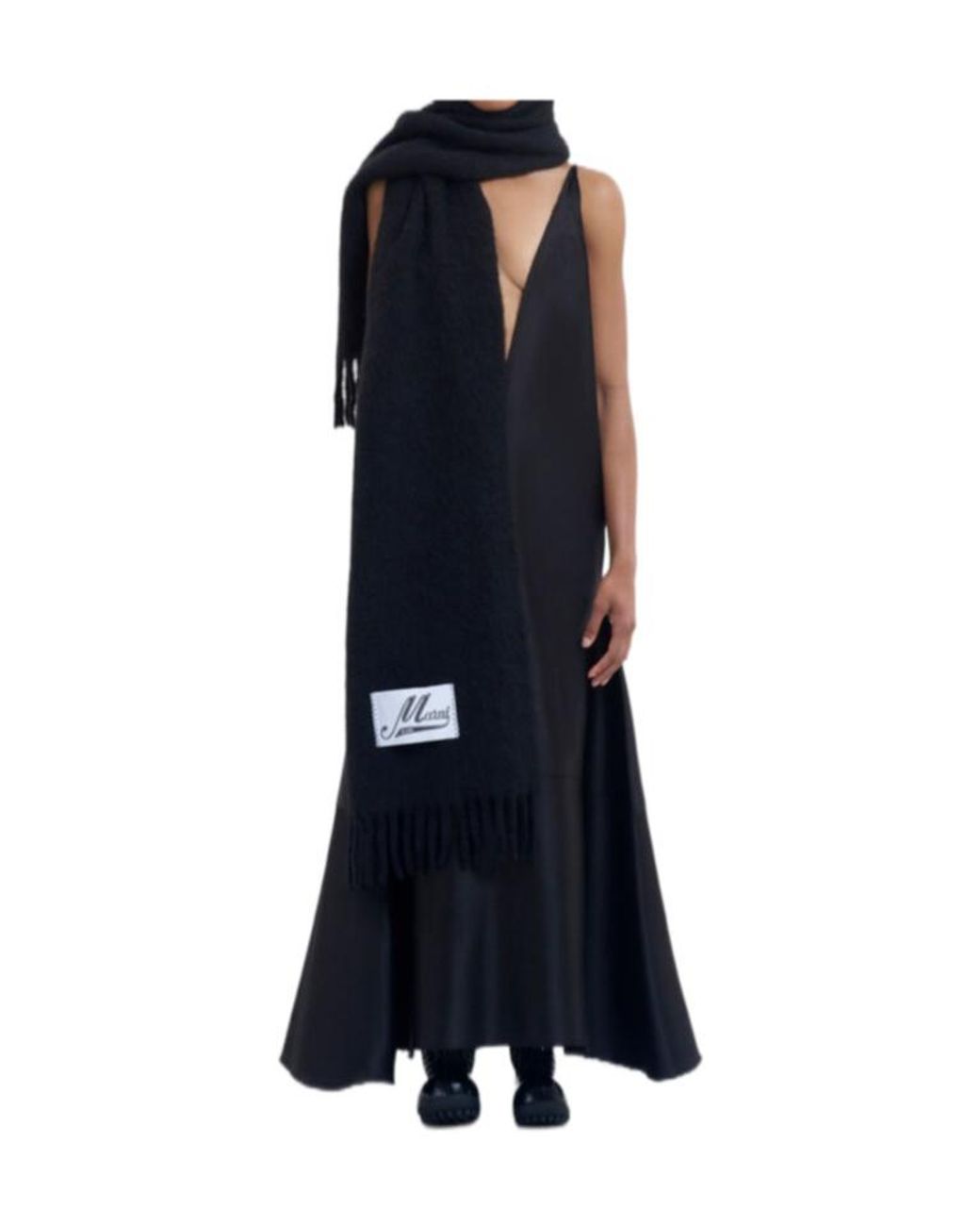 Marni Black Logo Patch Fringed-Edge Scarf