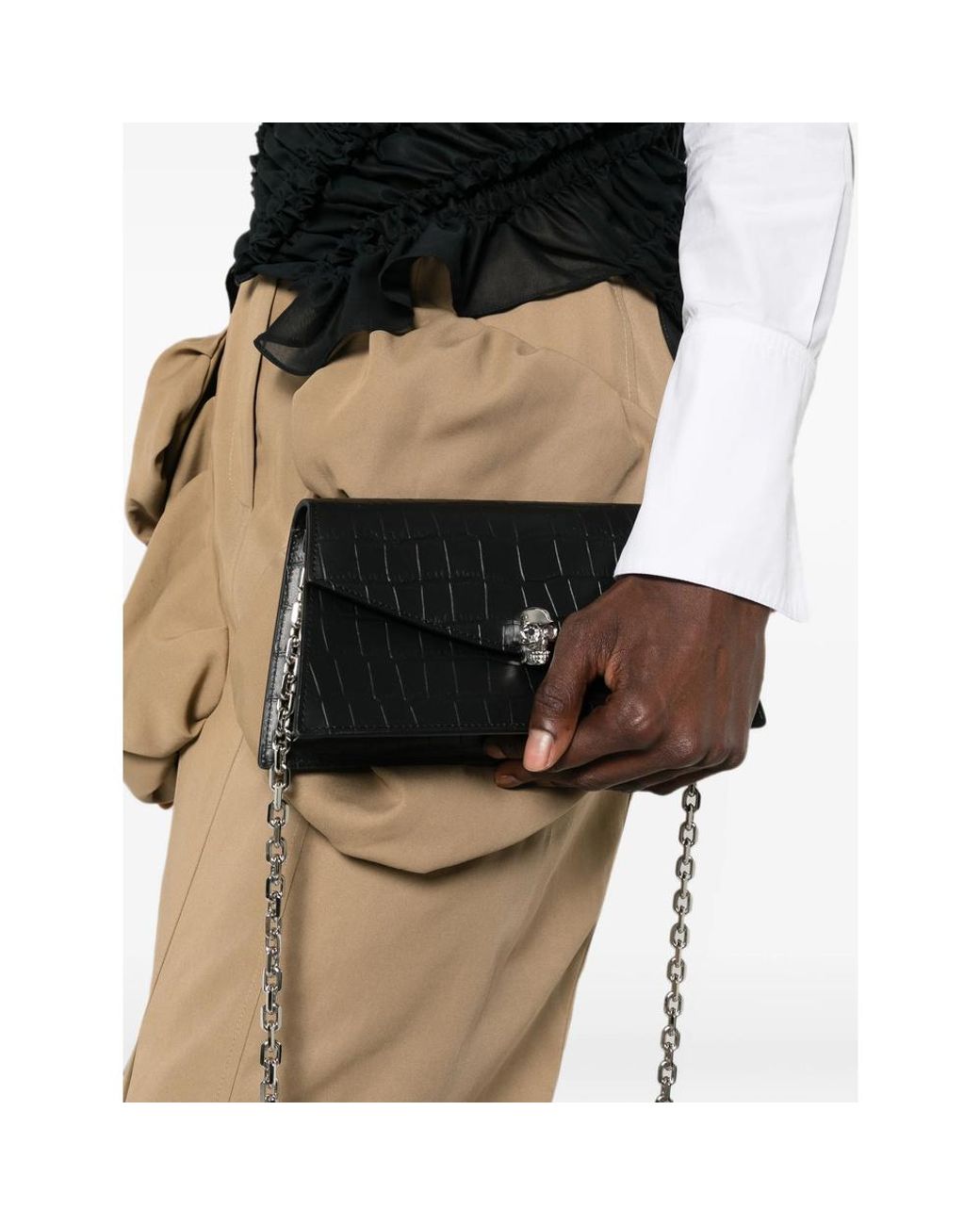 McQueen White Skull Embossed Chain-Linked Shoulder Bag