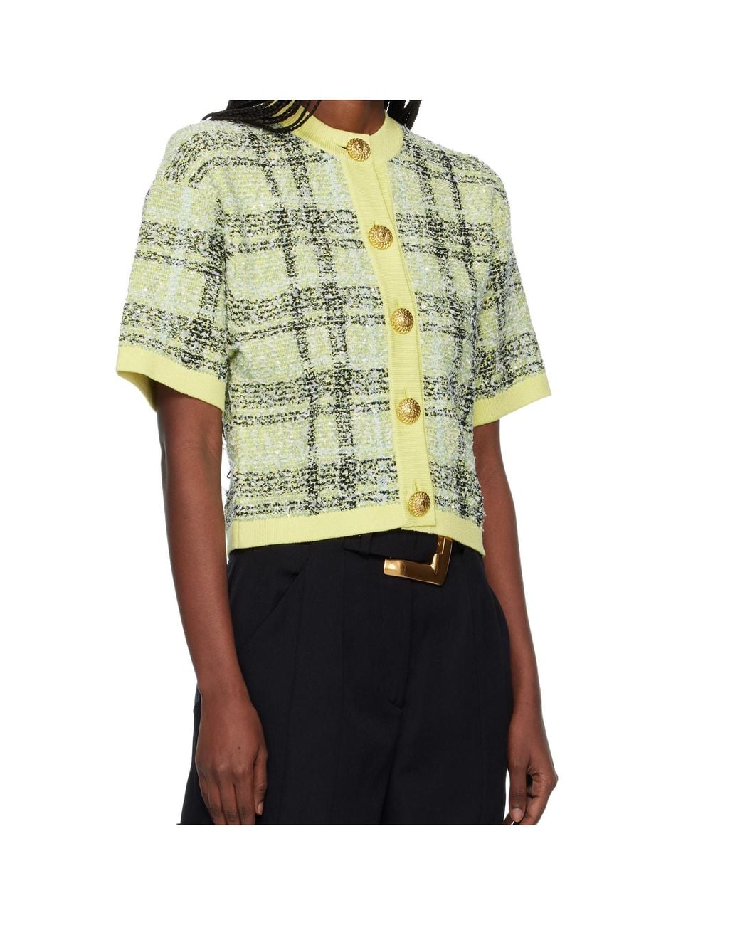 Balmain Green Buttoned Check Tweed Cardigan
