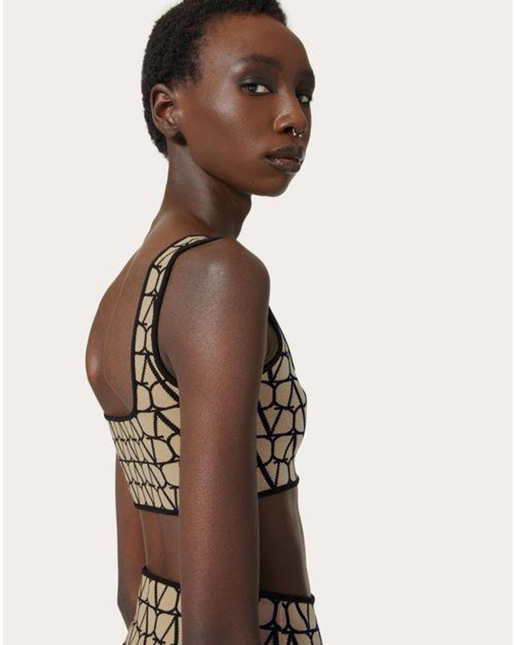Valentino Brown Vlogo Motif Square-Neck Cropped Top