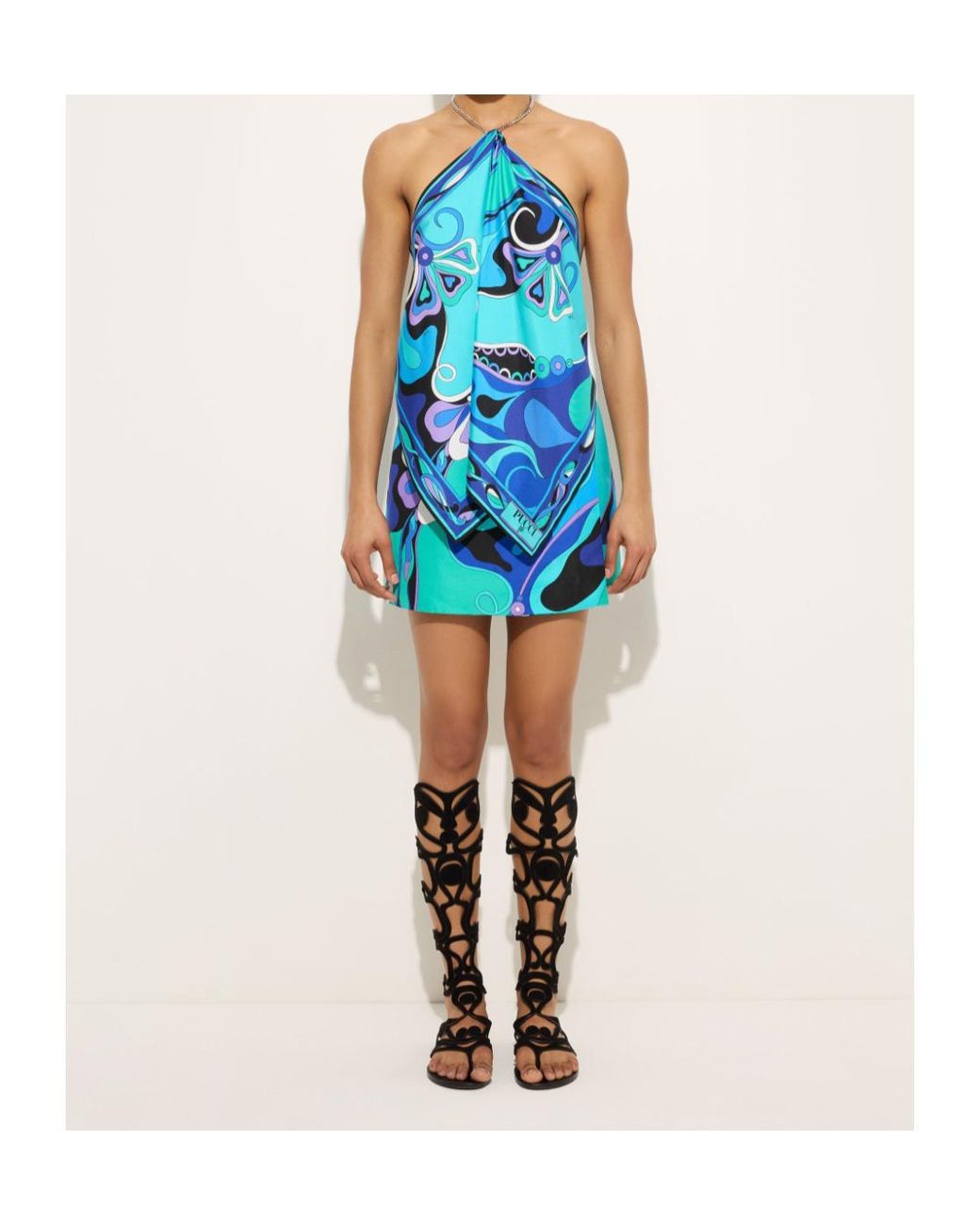Emilio Pucci Blue Orchidee Print Asymmetric Chain Top