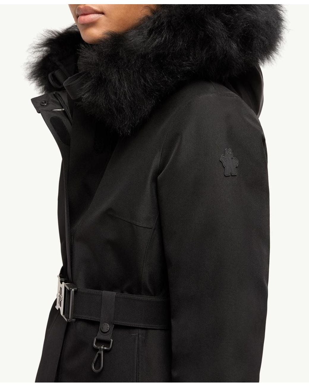 Moncler Black Grenoble Belted Fur-Trim Down Jacket