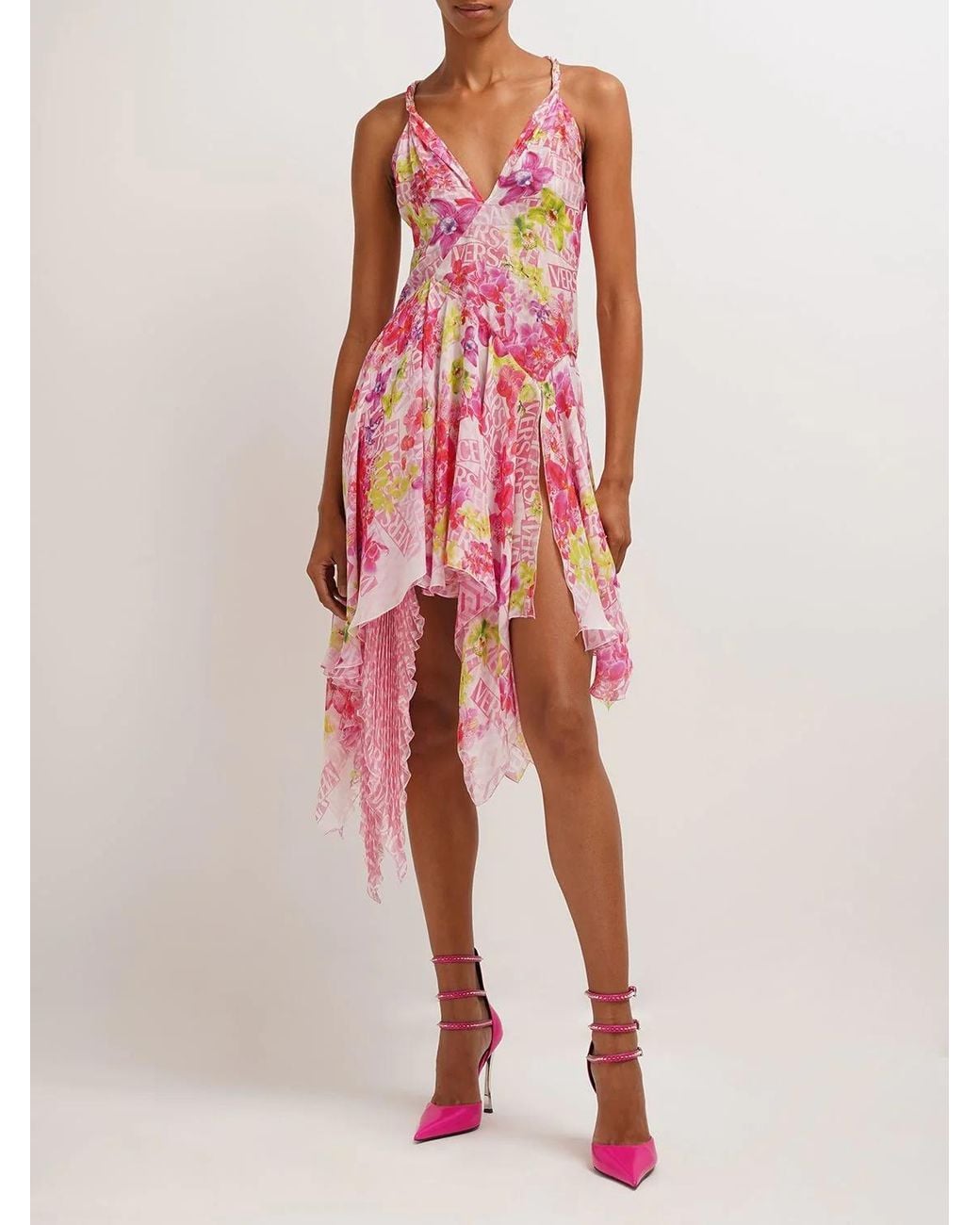 Versace Red Orchid Print Mini Dress