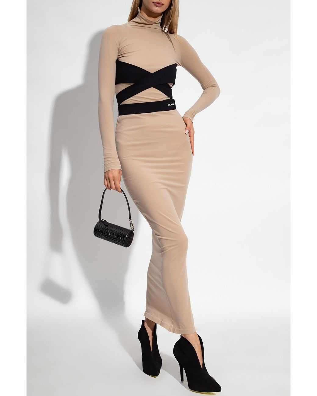 Alaïa Natural Alaïa Logo Embroidered Long-Sleeved Midi Dress