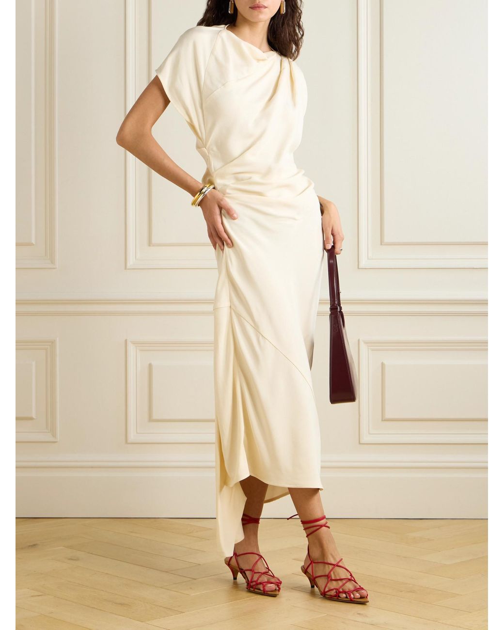 Proenza Schouler Natural Hallie Draped Ruched Twill Midi Dress