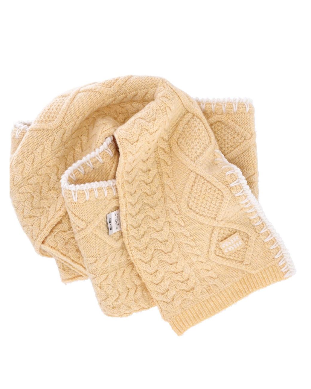 Miu Miu White Cable-Knit Embroidered Scarf
