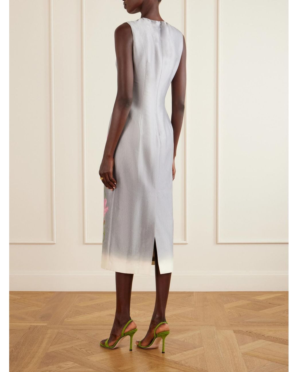 Oscar de la Renta White Floral-Print Satin Midi Dress