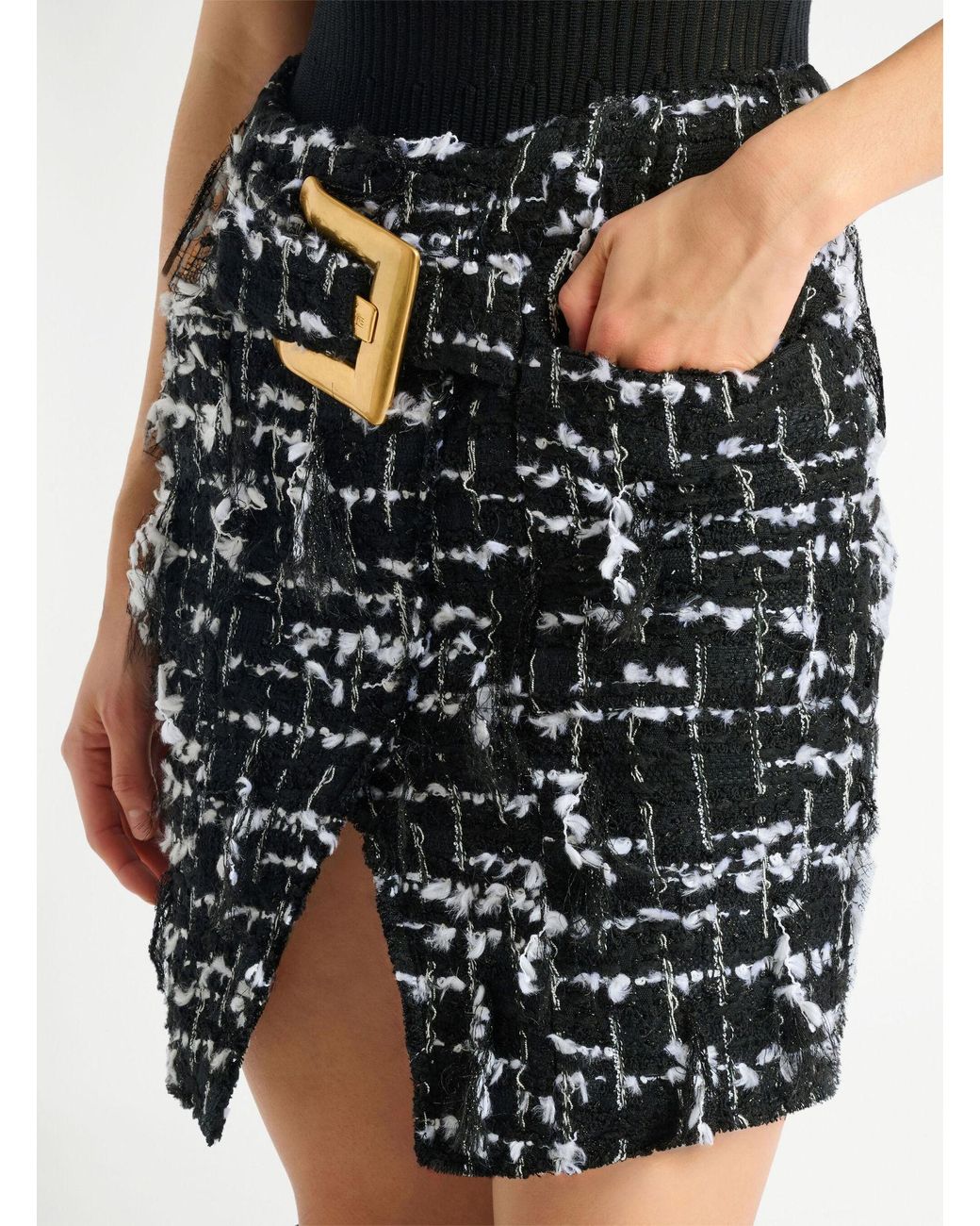Balmain Black Belted Fringed Tweed Skirt
